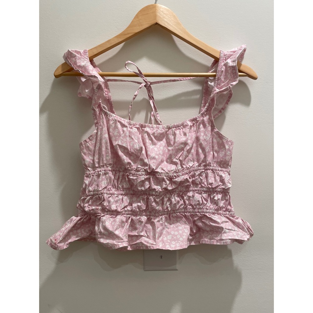 Altar'd State Pink Floral Smocked Peplum Crop Top Ruffle Strap - Picture 1 of 6